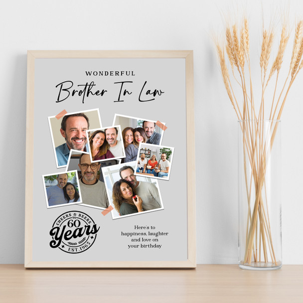 Photo Collage 60th Birthday Gift For Brother-In-Law 7-Photo Grey Print Or Canvas