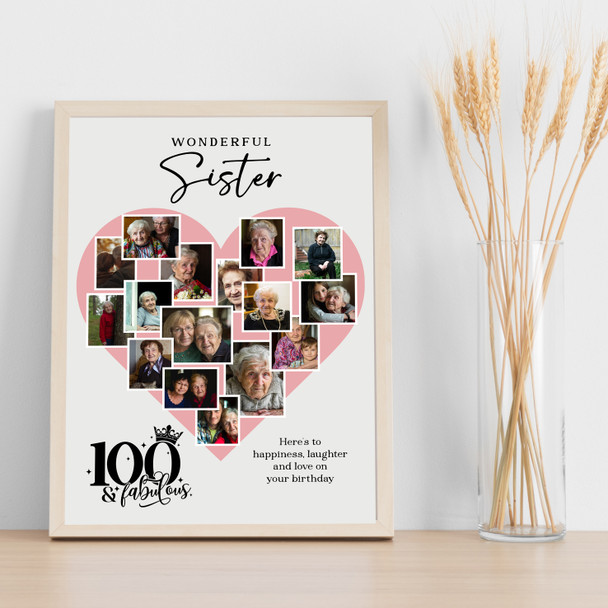 Photo Collage 100th Birthday Gift For Sister 16-Photo Pink Heart Print Or Canvas