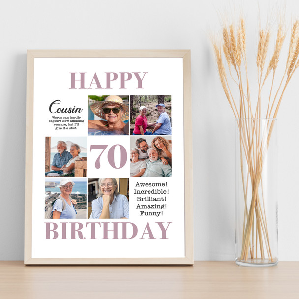Photo Collage 70th Birthday Custom Gift For Cousin 6-Photo Lilac Print Or Canvas