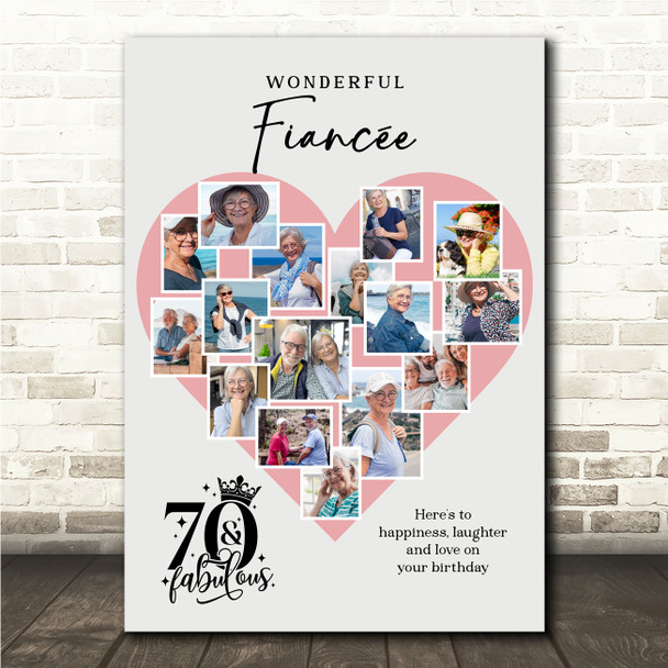 Photo Collage 70th Birthday Gift For Fiancée 16-Photo Pink Heart Print Or Canvas