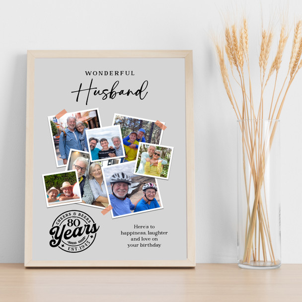 Photo Collage 80th Birthday Custom Gift For Husband 7-Photo Grey Print Or Canvas