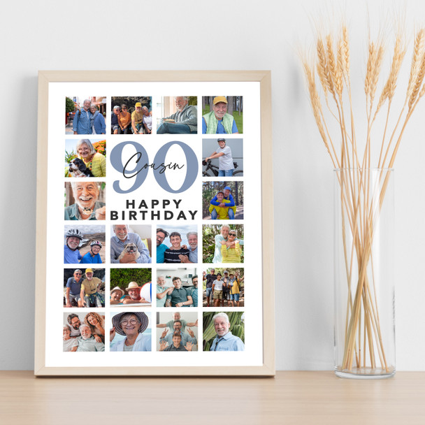 Photo Collage 90th Birthday Custom Gift For Cousin 20-Photo Blue Print Or Canvas