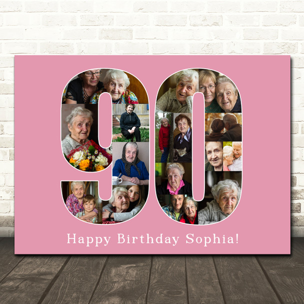 Photo Collage 90th Birthday Gift For Her 16-Photo Number 90 Pink Print Or Canvas