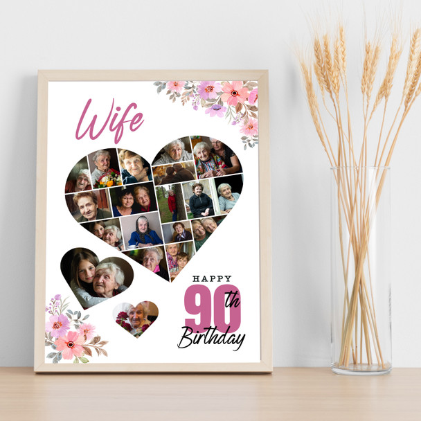 Photo Collage 90th Birthday Custom Gift For Wife 19-Photo Floral Print Or Canvas