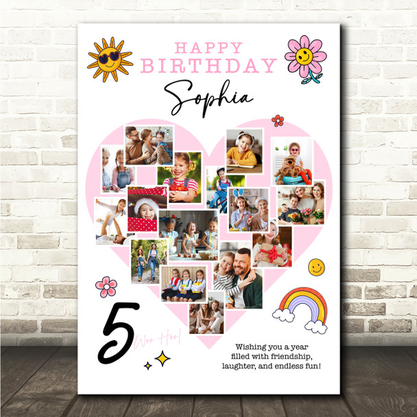 Photo Collage Kids Birthday Gift For Girls Any Age 16-Photo Pink Print Or Canvas