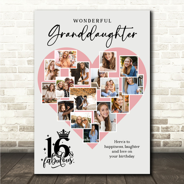 Photo Collage 16th Birthday Gift For Granddaughter 16-Photo Pink Print Or Canvas