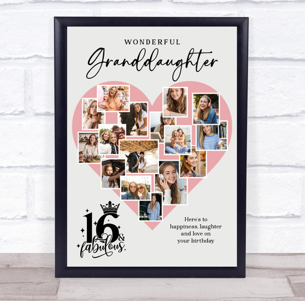 Photo Collage 16th Birthday Gift For Granddaughter 16-Photo Pink Print Or Canvas