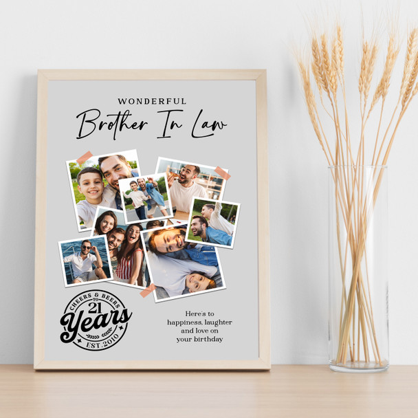Photo Collage 21st Birthday Gift For Brother-In-Law 7-Photo Grey Print Or Canvas