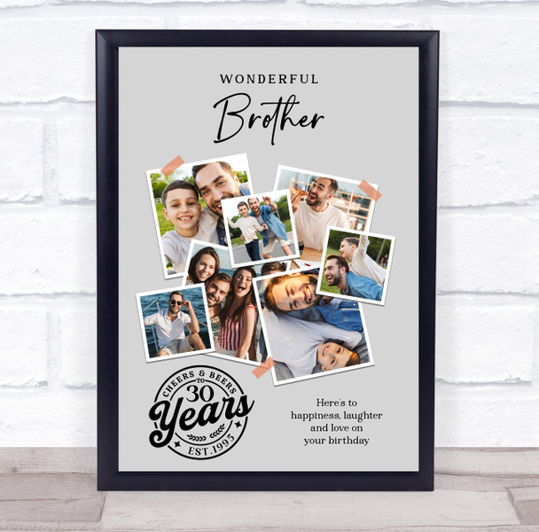 Photo Collage 30th Birthday Custom Gift For Brother 7-Photo Grey Print Or Canvas