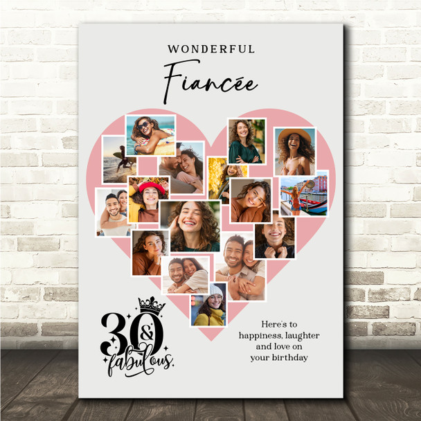 Photo Collage 30th Birthday Gift For Fiancée 16-Photo Pink Heart Print Or Canvas