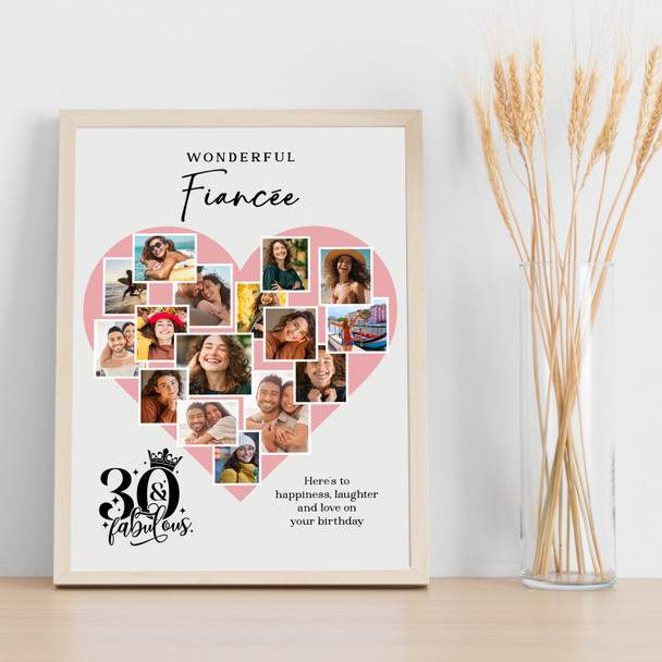 Photo Collage 30th Birthday Gift For Fiancée 16-Photo Pink Heart Print Or Canvas