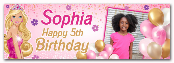 Personalised Party Banner For Kids Birthday Barbie Balloons With Photo Any Age