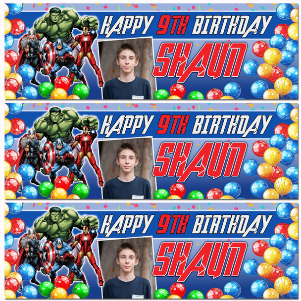 Personalised Party Banner For Kids Birthday Marvel Superhero's Photo Any Age