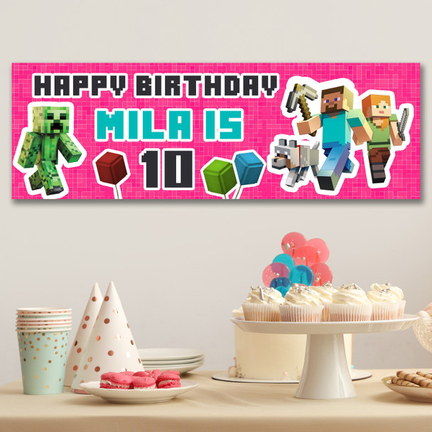 Personalised Party Banner For Kids Birthday Girls Minecraft Pink Any Age