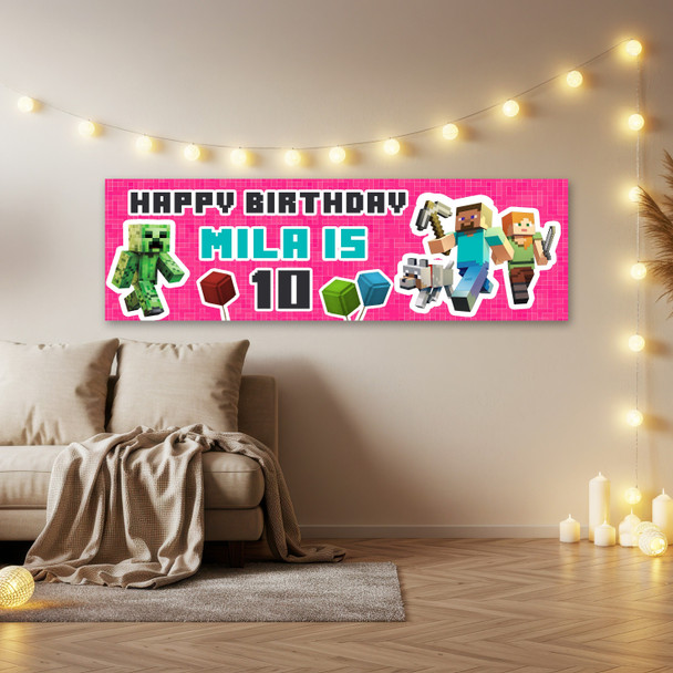 Personalised Party Banner For Kids Birthday Girls Minecraft Pink Any Age