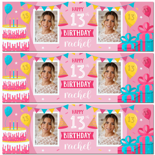 Personalised Party Banner For 13th Birthday With Photo Female Pink Cake Gift