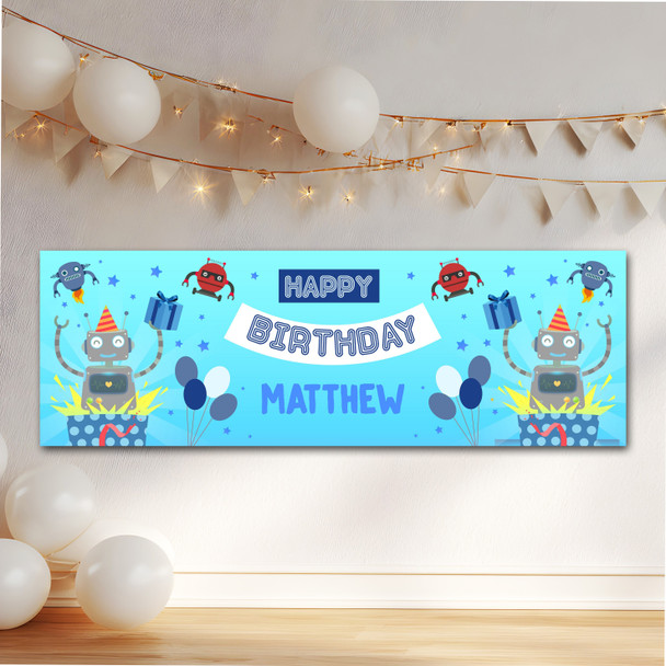 Personalised Party Banner For Birthday Boys Robot Blue Kids