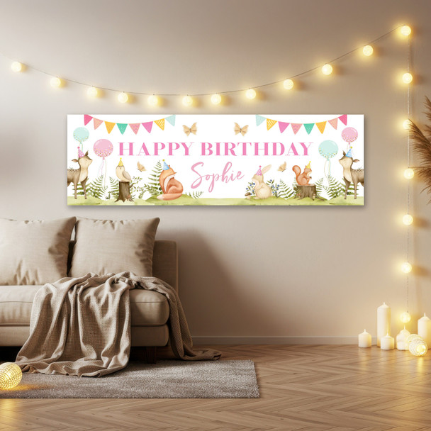 Personalised Party Banner For Birthday Girls Woodland Animals Kids
