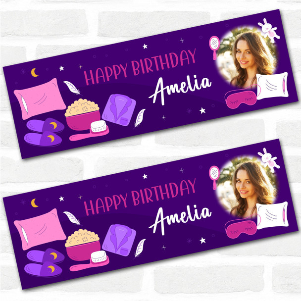 Personalised Party Banner For Birthday With Photo Girls Sleepover Purple Kids