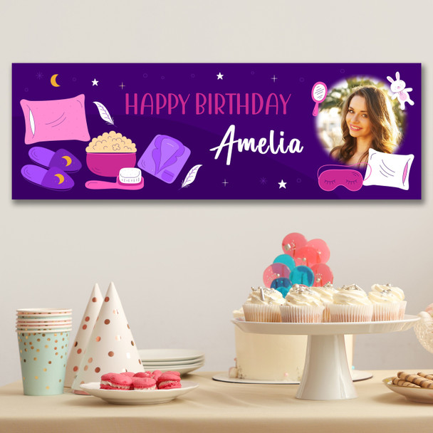 Personalised Party Banner For Birthday With Photo Girls Sleepover Purple Kids