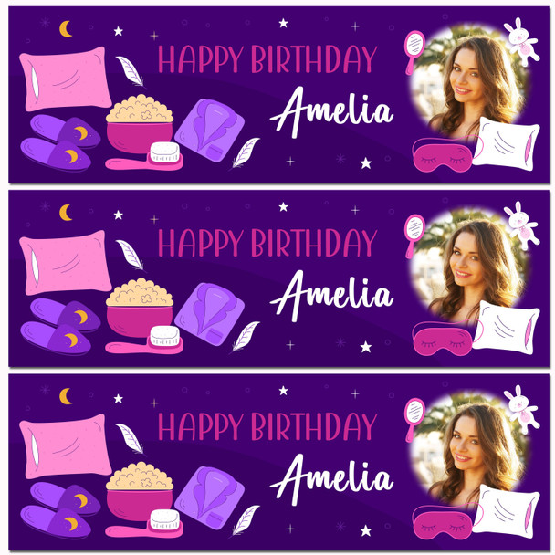 Personalised Party Banner For Birthday With Photo Girls Sleepover Purple Kids