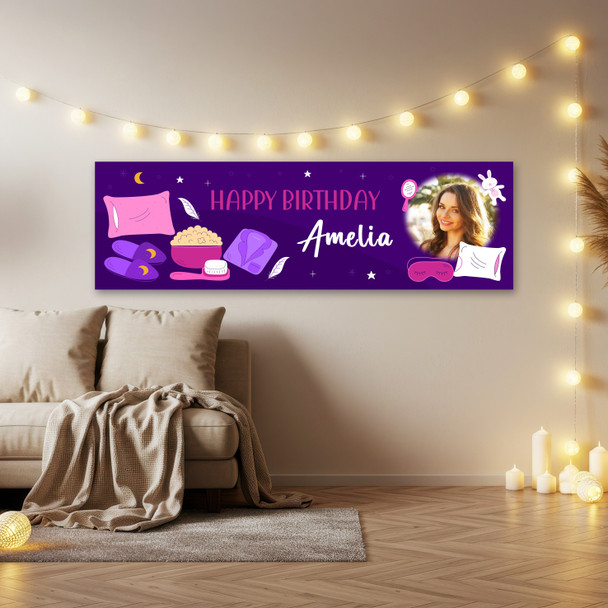 Personalised Party Banner For Birthday With Photo Girls Sleepover Purple Kids