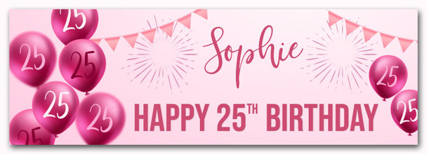 Personalised Party Banner For 25th Birthday Female Pink Balloon Star