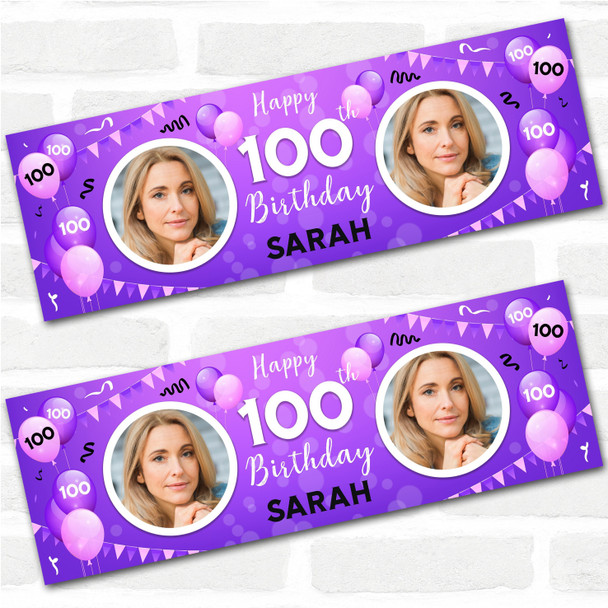 Personalised Party Banner For 100th Birthday With Photo Female Purple Balloons