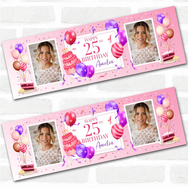 Personalised Party Banner For 25th Birthday With Photo Female Pink Cake