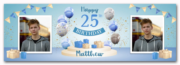 Personalised Party Banner For 25th Birthday With Photo Male Blue Balloon Gift
