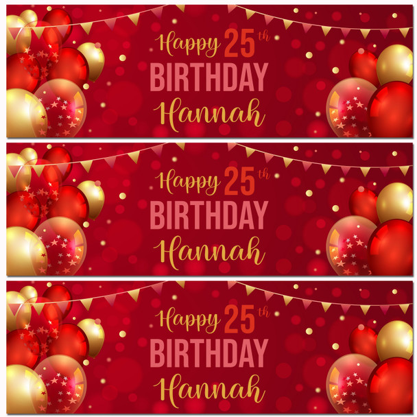 Personalised Party Banner For 25th Birthday Red Gold Balloons