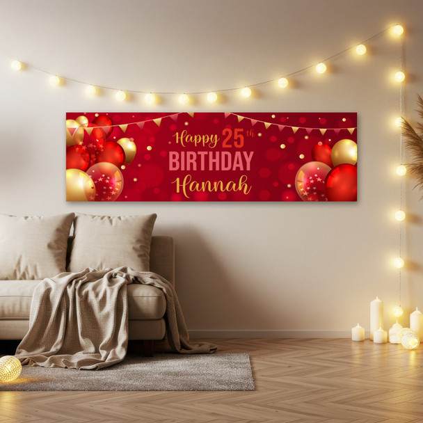 Personalised Party Banner For 25th Birthday Red Gold Balloons