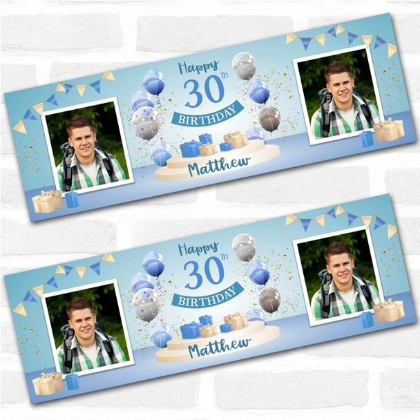 Personalised Party Banner For 30th Birthday With Photo Male Blue Balloon Gift