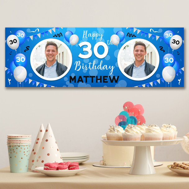 Personalised Party Banner For 30th Birthday With Photo Male Blue Balloons