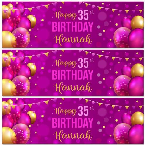 Personalised Party Banner For 35th Birthday Female Pink Gold Balloons