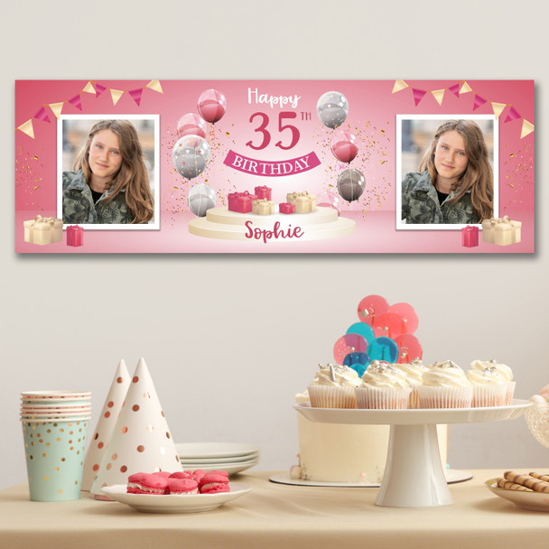 Personalised Party Banner For 35th Birthday With Photo Female Pink Balloon Gift