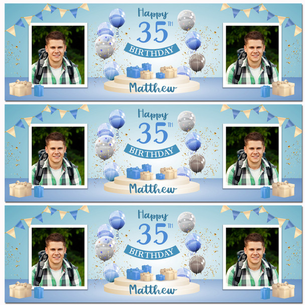 Personalised Party Banner For 35th Birthday With Photo Male Blue Balloon Gift