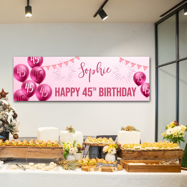 Personalised Party Banner For 45th Birthday Female Pink Balloon Star