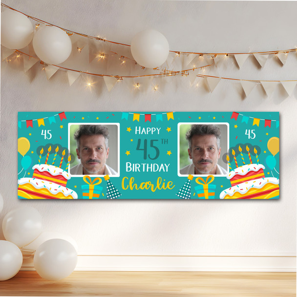 Personalised Party Banner For 45th Birthday With Photo Male Turquoise Cake