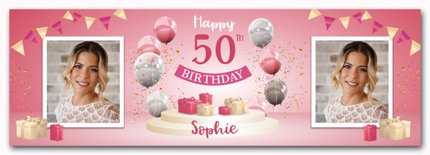 Personalised Party Banner For 50th Birthday With Photo Female Pink Balloon Gift