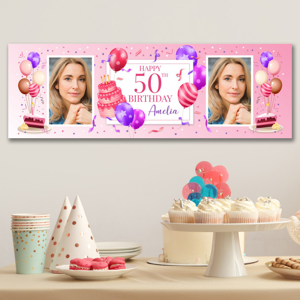 Personalised Party Banner For 50th Birthday With Photo Female Pink Cake