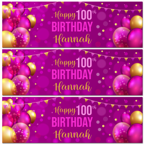 Personalised Party Banner For 100th Birthday Female Pink Gold Balloons