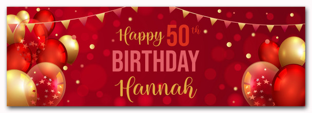 Personalised Party Banner For 50th Birthday Red Gold Balloons
