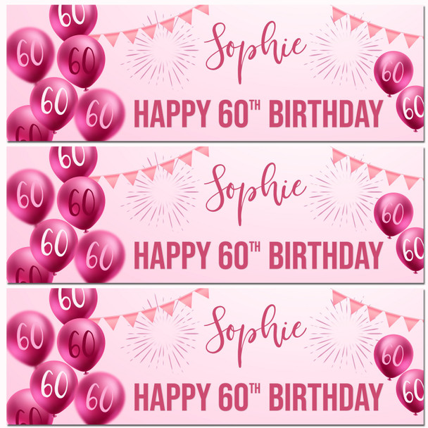 Personalised Party Banner For 60th Birthday Female Pink Balloon Star