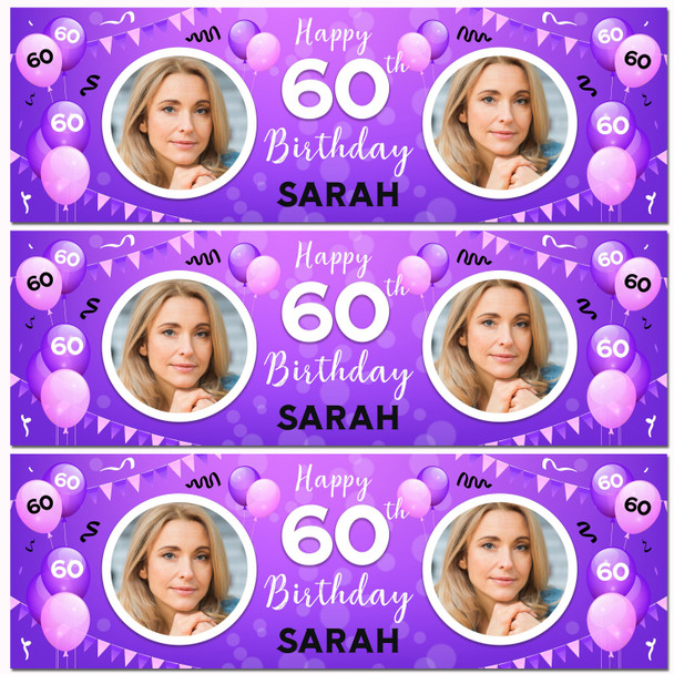 Personalised Party Banner For 60th Birthday With Photo Female Purple Balloons