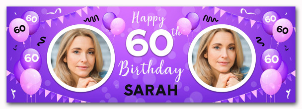 Personalised Party Banner For 60th Birthday With Photo Female Purple Balloons