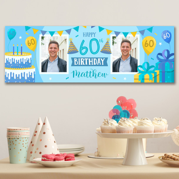 Personalised Party Banner For 60th Birthday With Photo Male Blue Cake Gift