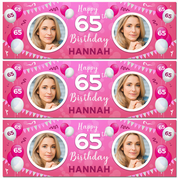 Personalised Party Banner For 65th Birthday With Photo Female Pink Balloons