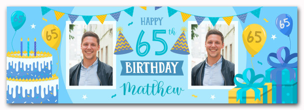 Personalised Party Banner For 65th Birthday With Photo Male Blue Cake Gift