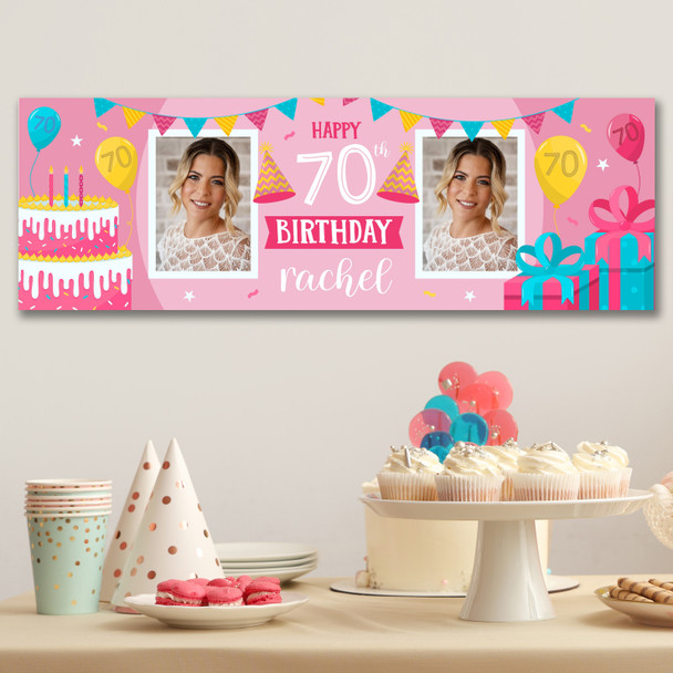 Personalised Party Banner For 70th Birthday With Photo Female Pink Cake Gift